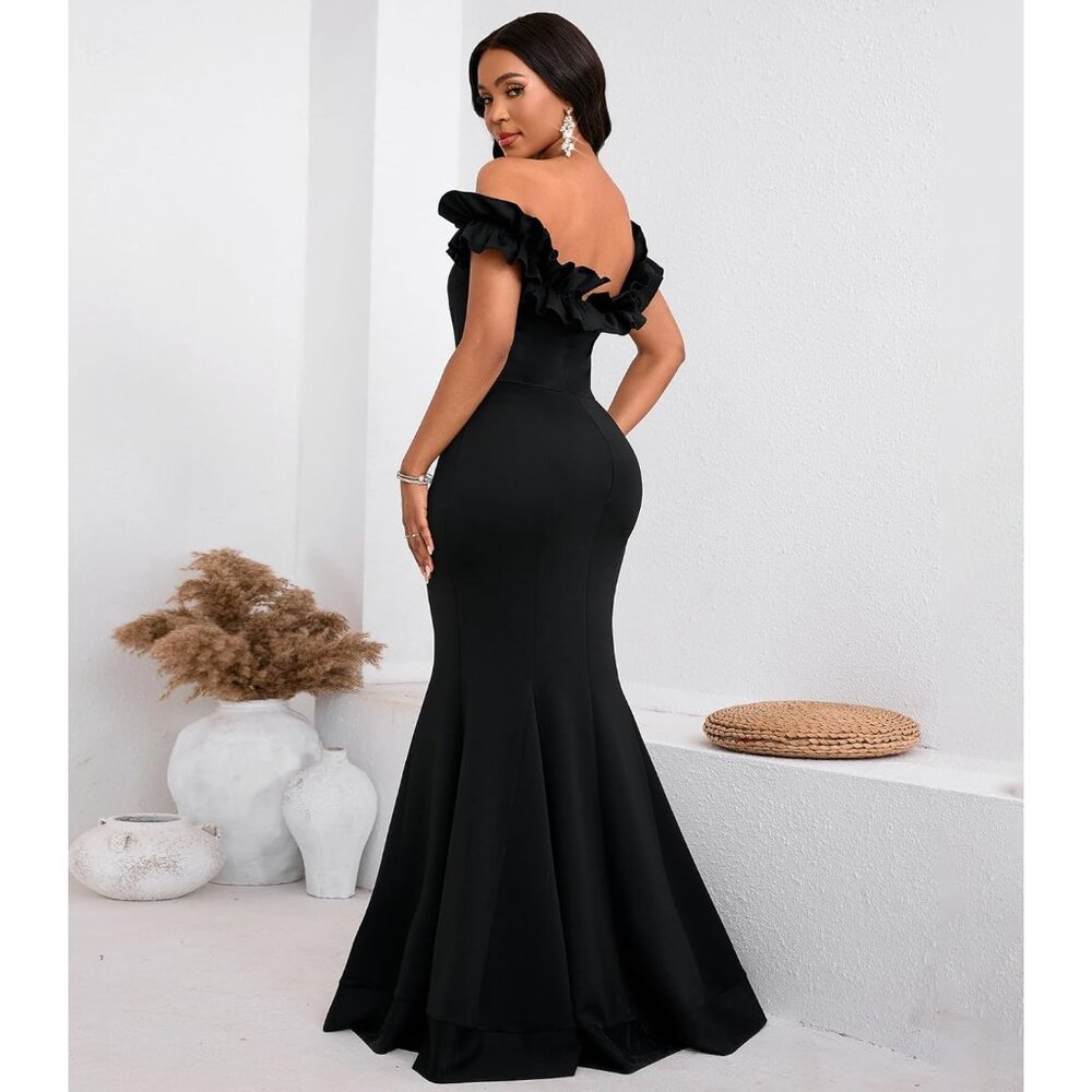 Women's Black Cololura Sexy Floor-Length Off Shoulder Ruffles Stringy Selvedge - Picture 6 of 8